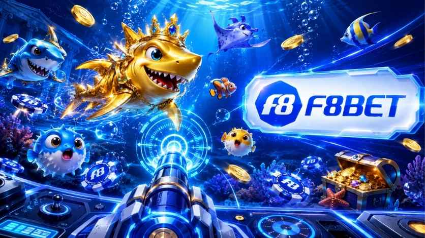 Bắn cá giải trí F8BET với đại dương xanh neon và cá 3D
